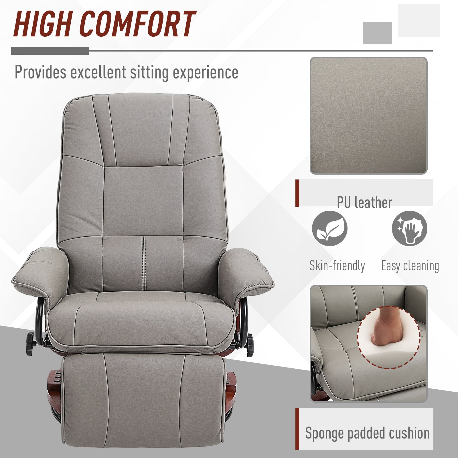 HOMCOM 360° Swivel Recliner Chair with Footstool, Manual Recliner Armchair with Wooden Base, Faux Leather Upholstered Reclining Chair for Living Room, Bedroom, Office, Grey